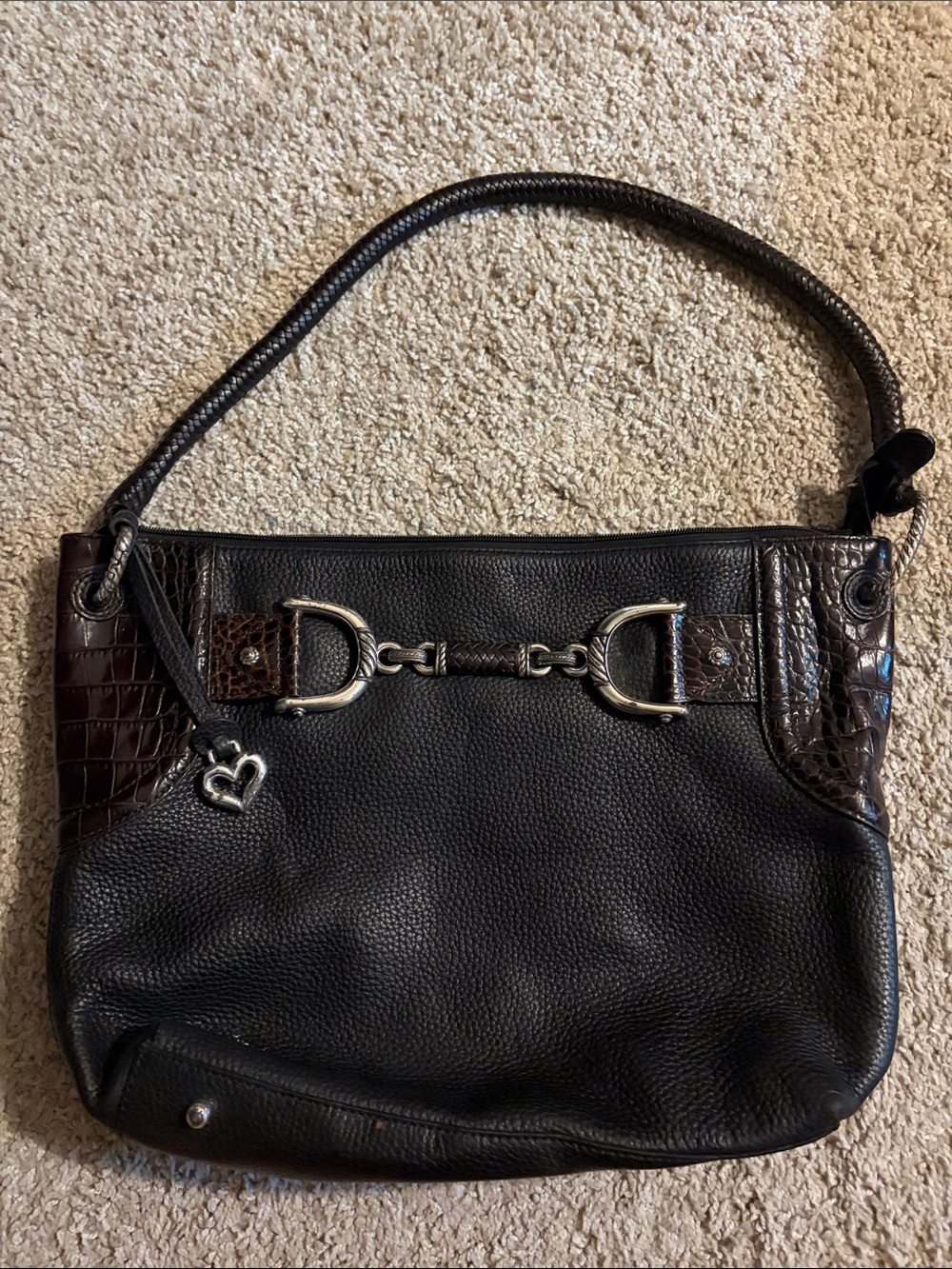 Brighton Black Shoulder Bag with Brown Croc-Trim and Silver Hardware